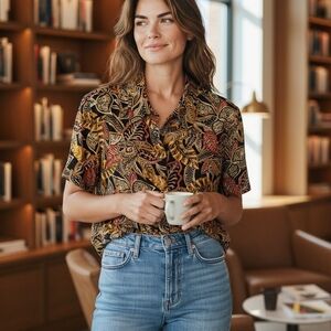 Maggy London Black and Yellow Floral Button Down Shirt